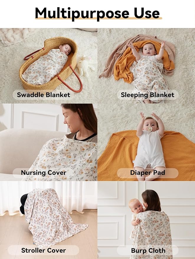 TILLYOU 3 Pack Muslin Swaddles for Newborns Baby Blankets for Girls Boys Cotton Swaddle Blankets 47"X47", Yellow Flower
