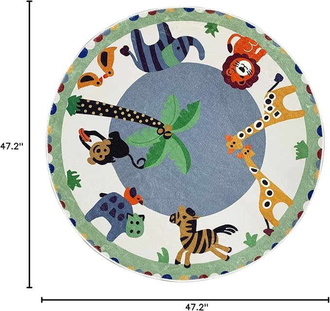 USTIDE Round Animals Kids Rug 4FT, Green Cartoon Play Mat Kids Area Rug Soft and Non-Slip Carpet for Nursery Playroom Children Bedroom Living Room Decor