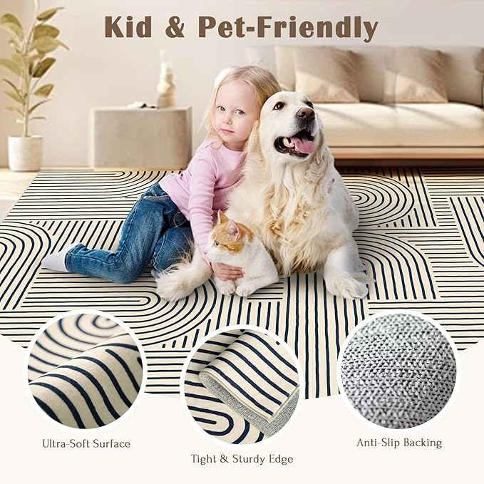 6x9 Area Rug for Living Room - Large Abstract Washable Rugs for Bedroom Non-Slip Indigo Dining Room Rug Rainbow Low-Pile Carpet Soft Modern Rug for Office Classroom Nursery Room