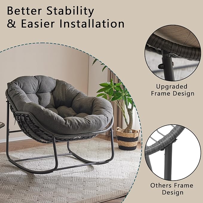 Oversized Outdoor Papasan Rocking Chair Set of 2 with Soft Cushion, Comfy Patio Egg Chair, Wicker Lounge Rocker for Balcony/Porch/Garden, Reinforced All Weather Rattan Frame, Dark Grey
