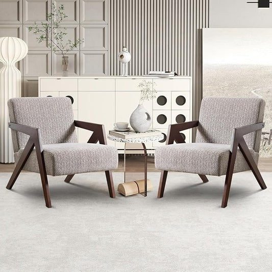 INZOY Accent Chairs Set of 2, Mid Century Modern Accent Chair with Wood Frame, Upholstered Reading Armchair with Soft Linen Fabric, Accent Chair for Living Room Bedroom, Easy Assembly, Light Brown