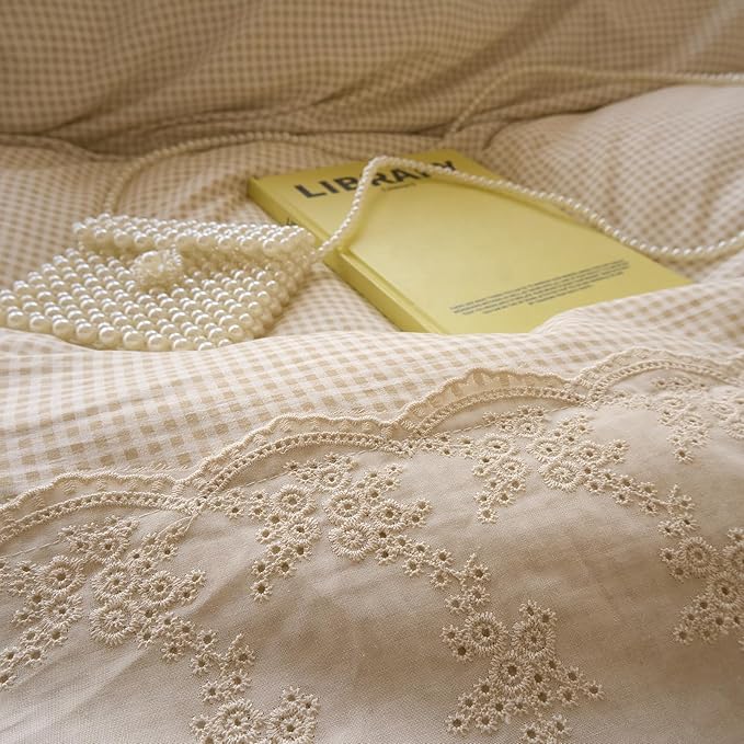 LifeTB Tan Gingham Duvet Cover Full Size 3 Pieces Romantic Lace Duvet Cover Vintage Plaid Checkered Comforter Cover with 2 Pillowcases Soft Microfiber Beige Tan Grid Farmhouse Plaid Bedding Set
