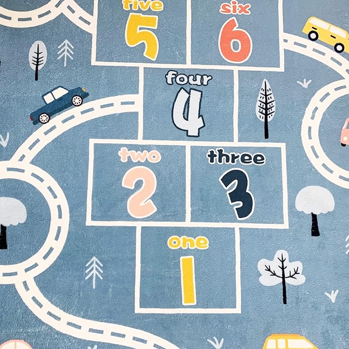 Kids Play Mat 4x6Ft Large Hopscotch Car Rug for Boys Bedroom Playroom Carpet Soft Classroom Educational Learning Area Children Rug, Blue