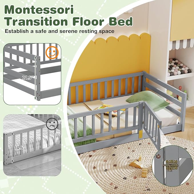 KOMFOTT Twin Size Wood Floor Bed with Door & 21.5” Fence, Montessori Bed Frame with Full Length Safety Guardrails, Door & Latch, Wooden Montessori Floor Bed for Kids, Girls, Boys