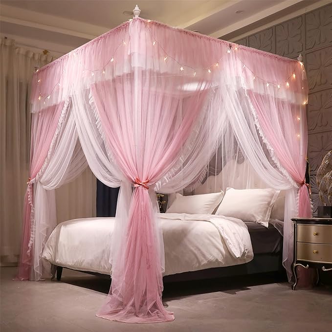 VETHIN 4 Corners Post Ruffle Princess Bed Canopy Curtain-Double Layer Cozy Drape Netting 4 Opening Mosquito Net for Girls Adults Bedroom Decoration (Pink/Whtie, 53" W*78" L*82"*H/(Full))