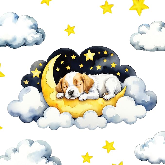 Boho Nursery Wall Decals - Dreamy Watercolor Puppy Sleeping on Cloud | Multi-Piece Set with Clouds, Moon & Stars | Removable Fabric Wall Art for Kids Room
