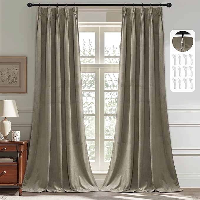 StangH Pinch Pleated Velvet Curtains for Living Room,Super Soft Room Darkening Thermal Insulated Sliding Door Drapes for Dining Room Kids Nursery, Camel Beige, W38 x L96, 2 Panels