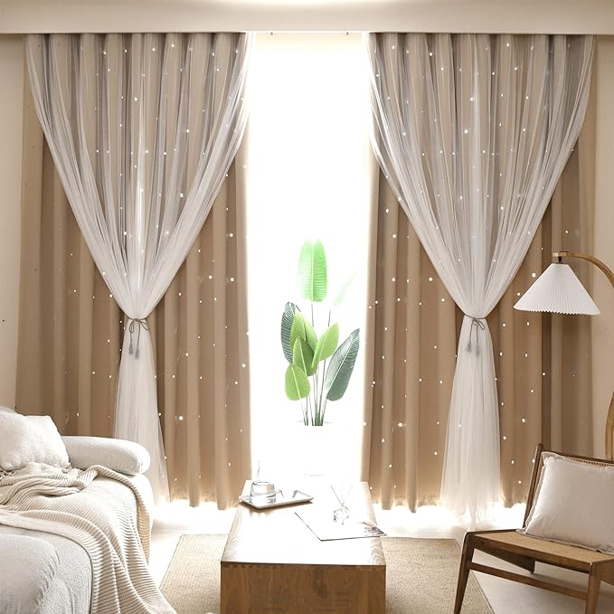 Kinryb Blackout Curtains for Girl Bedroom/Living Room/Classroom, Sheer Overlay 63 Inches 2 Panel Set, Double Layer Curtains with Star Cutout for Kids Room(W 52 x L 63 Inches,Beige 2 Pcs)