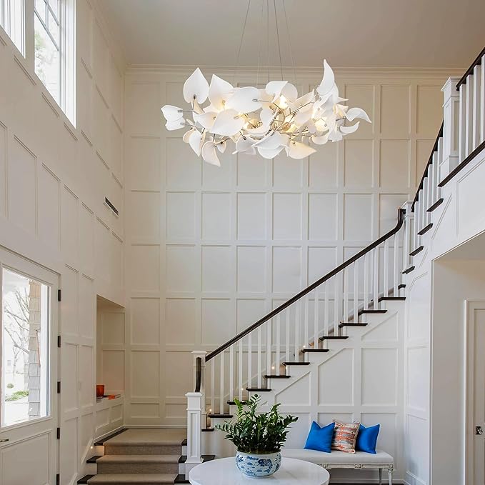 YUYI 31.5" Silver Tree Branches Chandelier, Ceramic Ginkgo Leaf Chandelier, Modern Round Chandeliers for Dining Room, Living Room Over Table, Kitchen, Foyer, Bedroom, Elegant Art Deco