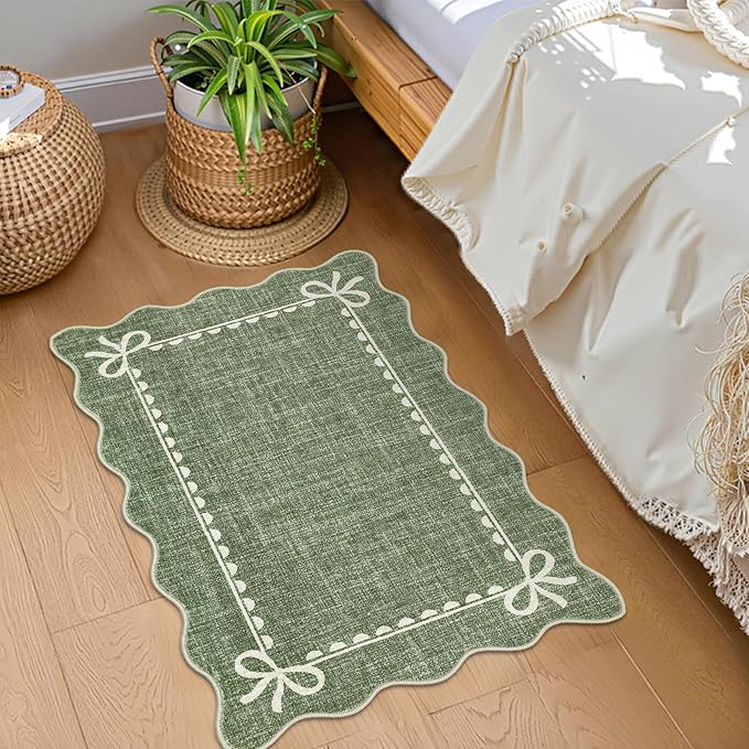 GarveeHome Scalloped Bow Rug for Kitchen Floor, Solid Green Rug for Dorm, Washable Entryway Rugs 2x3 Soft Low Pile Non Slip Scalloped Rugs for Nursery Bedroom Decor Hallway