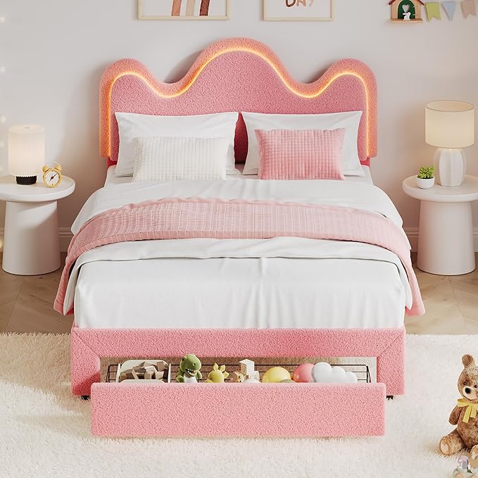 IDEALHOUSE Full Bed Frame with LED Headboard and Under-Bed Drawer, Metal Upholstered Platform Bed with LED Light for Kids, Girls, Lamb Fleece Fabric, Wooden Slats Support, No Box Spring Needed, Pink