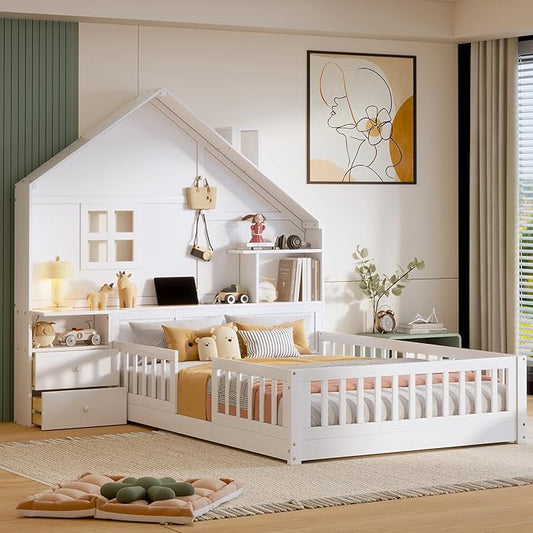 Full Size Kids Floor Bed with Safety Fence, Solid Wood Montessori Platform Bed with House Shape Headboard with Bedside Drawers, Shelves, Sockets and USB Port for Kids Boys Girls (White-LF)