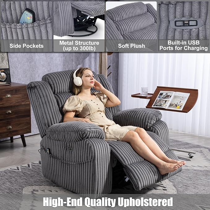 Power Swivel Rocker Recliner Chair for Adults with Massgae and Heat, USB and Type-C Charging Port, Infinite Position, Electric Glider Rocking Chairs for Living Room, Nursery, Grey