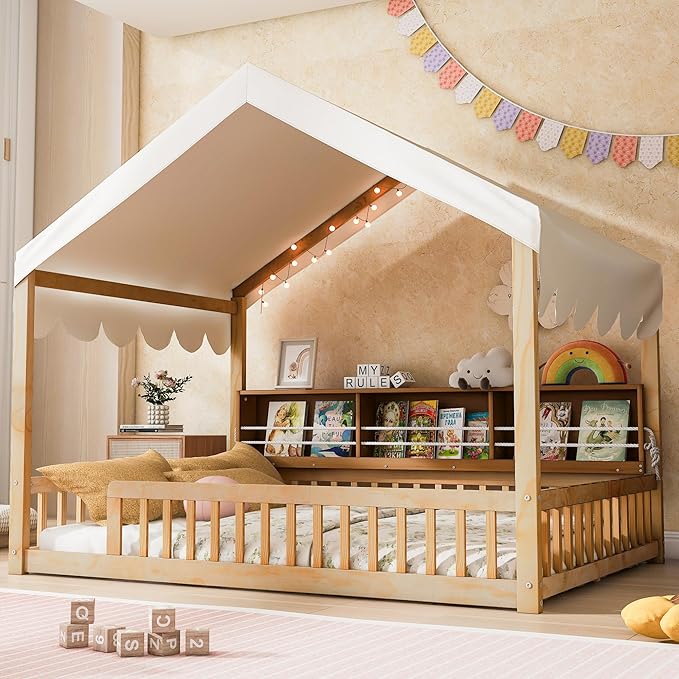 Merax Full Size Montessori Floor Bed for Kids Toddler, House Shaped Kids Full Bed Frame with Safety Guardrail, Curtain & Lights, Side Storage Bookshelves, Solid Wood Slats, Easy Assembly, Beign
