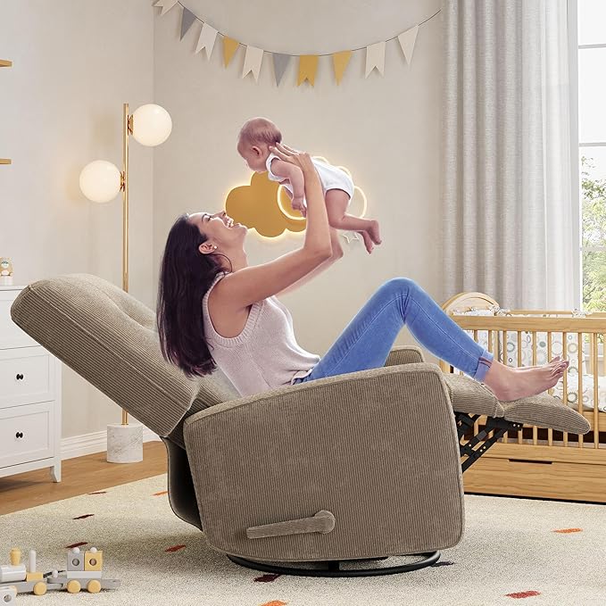 GarveeHome Recliner Chairs, Swivel Rocker Recliner, Glider Recliner Nursery Chair, 360 Swivel Glider Rocking Chair for Living Room, Bedroom, Office, RV, Small Spaces, Corduroy, Khaki