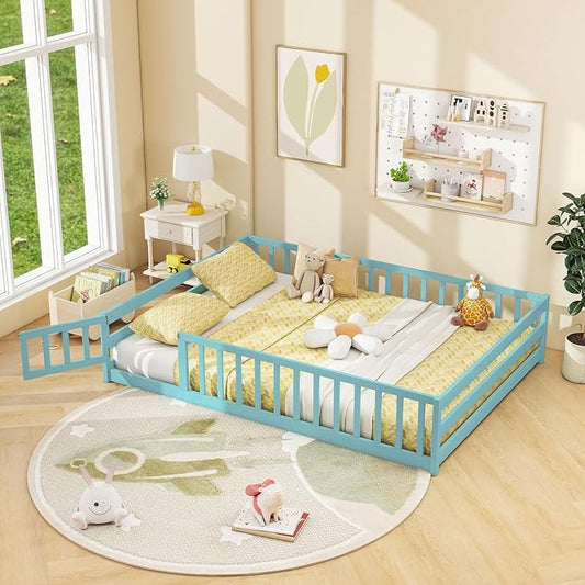 Giantex Full Floor Bed with Door & Fence, Kids Wood Montessori Beds with Safety Guardrails, Floor Bed Twin for Kids, Boys, Girls, No Box Spring Needed, ICY Aqua