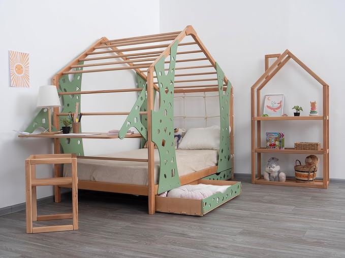 BUSY WOOD Monkey Bed – Twin Frame with Storage & Removable Table – Montessori Indoor Playground – Jungle Gym Furniture for Kids – Toddler Sleeping Frame with 2 Drawers