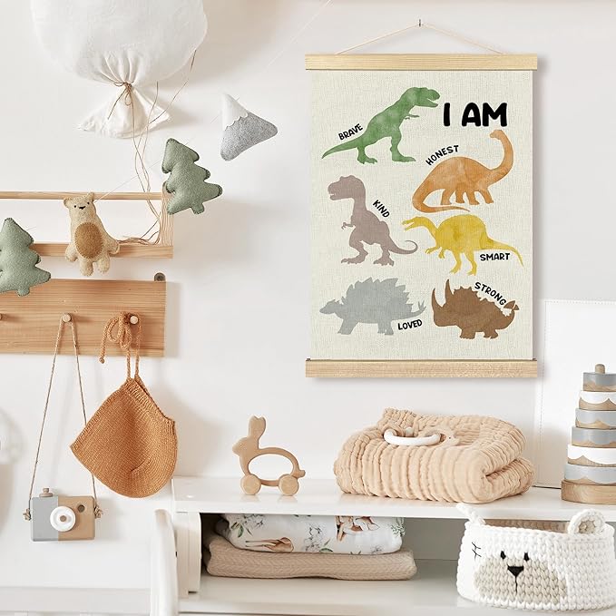 BCUANGD Dinosaurs Dino Wall Decor - Inspirational Boys Room Wall Art Poster Hanger with Wood Frames, Toddler Baby Mental Health Wall Hanging Canvas Decor for Kids Room Nursery Bedroom, 12x16 Inches