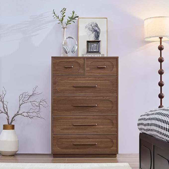 Walnut 6 Drawer Dresser for Bedroom, 44" Tall Dressers & Chest of Drawers with Solid Wood Handle, Wood Storage Dressers Organizer for Bedroom, Living Room
