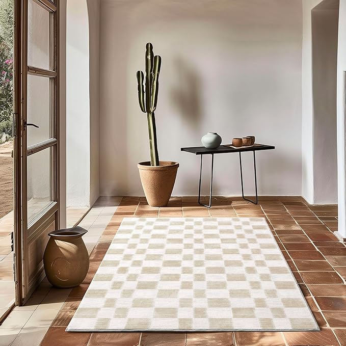 EverGrace Checkered Plaid Area Rug 3x5, Soft Faux Wool Rugs Washable Anti Slip Rugs Small Rug Carpet for Entryway Bedroom Living Room Hallway Kitchen Dining Room and Laundry Room, Beige