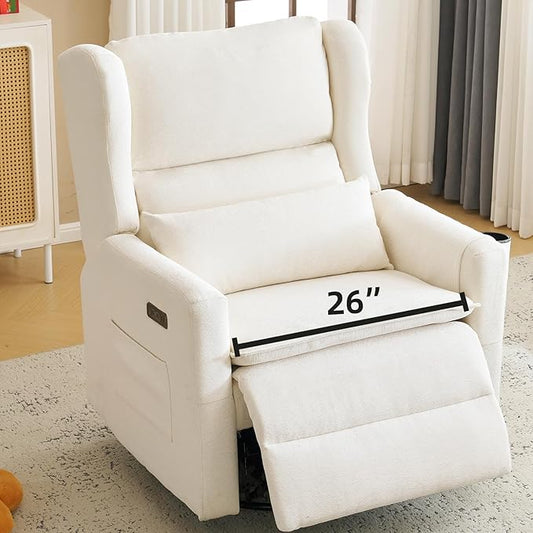 Oversized Swivel Rocker Recliner Chair, 26" Extra Wide Nursery Glider Recliner with Adjustable Headrest, Power Recliner Swivel Glider with Double Cushion, Cup Holder, White