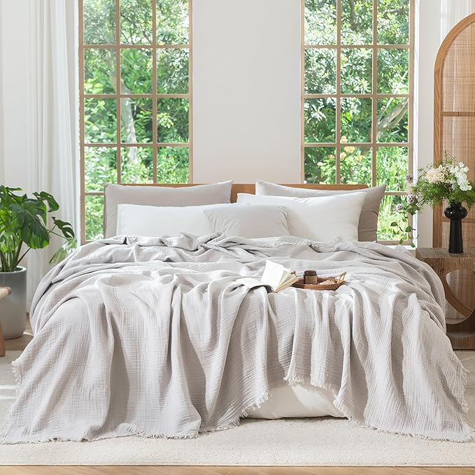 MooMee Muslin Blanket - 100% Cotton 4-Layer Gauze Throw Blanket with All-Around Fringe, Ultra-Soft Breathable Lightweight Cooling Decorative for Bed, Sofa & Couch (Light Grey,King 104" x 90")
