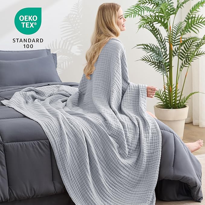Love's cabin 6 Layer 100% Cotton Muslin Blanket, 90"x90" Muslin Blanket Queen for Couch Bed, Lightweight and Breathable Cotton Gauze for Adult, Light Grey