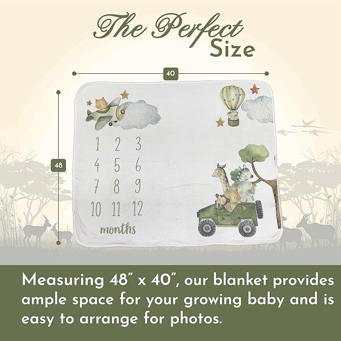 Baby Monthly Milestone Blanket Unisex | Soft Fleece, Safari Design | Newborn Photography Backdrop | Neutral Pastel Colors | 48" x 40