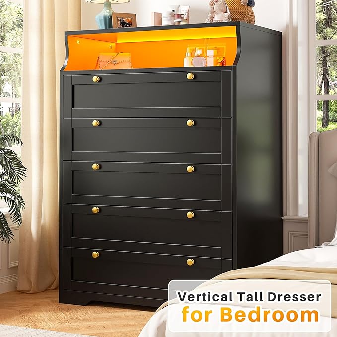 EnHomee Black Dresser with LED Light, Tall Dresser for Bedroom, 5 Drawers & 1 Shelves Space Saver for Bedroom, Hallway, 31.3" W x 48.5" H x 15.7" D