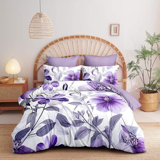 Nayoroom Purple Floral Comforter Set Twin Size Lavender Blooming Flower Leaf Printed Spring Comforter 2 Pcs Soft Lightweight Cottagecore Bedding Set for All Seasons (1 Comforter, 1 Pillowcase)