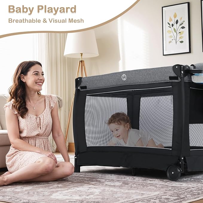 4 in 1 Multifunctional Pack and Play, Foldable Baby Playards with Changing Table & Breathable Mesh, Baby Playpen for Babies and Toddlers, Black