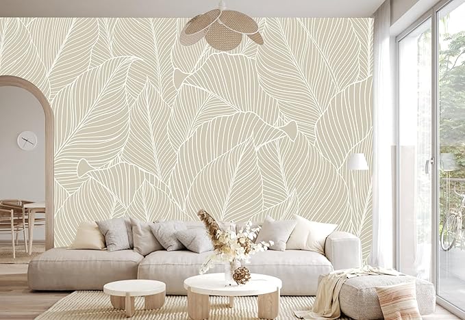 Tropical Palm Leaf Beige Wallpaper Peel and Stick Botanical Leaf Pattern Art Self Adhesive Wall Mural for Living Room Bedroom 137"x100"