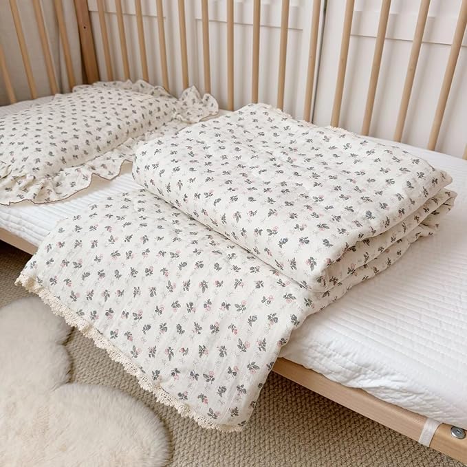 BuLuTu Soft Cotton Soft Kids Comforter for Twin Bed Toddler Bed, Chic Pink Bellflower Print 100% Cotton Muslin Quilted Blanket for Girls Boys Toddler Children, Machine Wash, 60x78 Inches