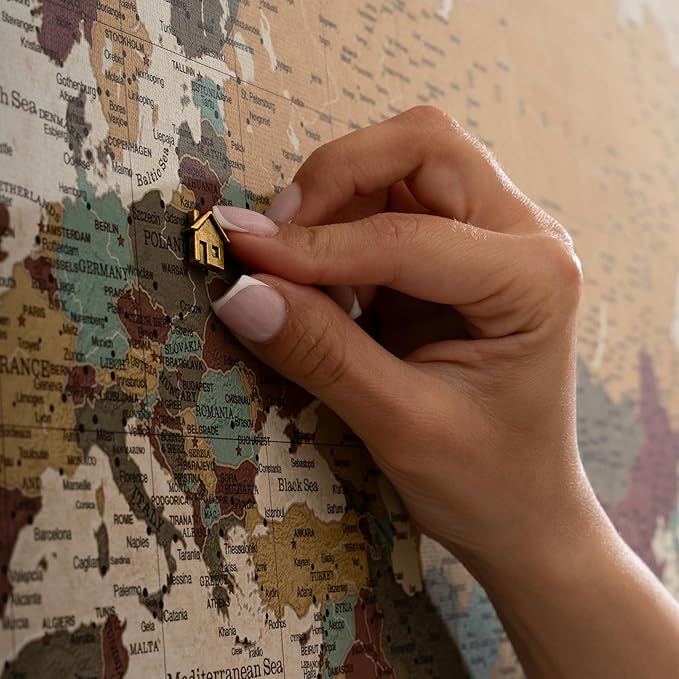 Canvas World Map with Cork Pin Board - English Lettering - Decorative Wall Decoration for All Rooms - Canvas Pictures with World Map Motif (90x60 cm, Pattern 12)