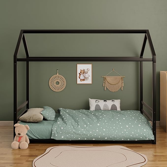 Harper & Bright Designs Twin Size Floor Bed Frame for Kids, House Bed with Roof and Guardrail, Metal Montessroi Floor Bed for Boys Girls, Easy Assemble, No Slats,Black