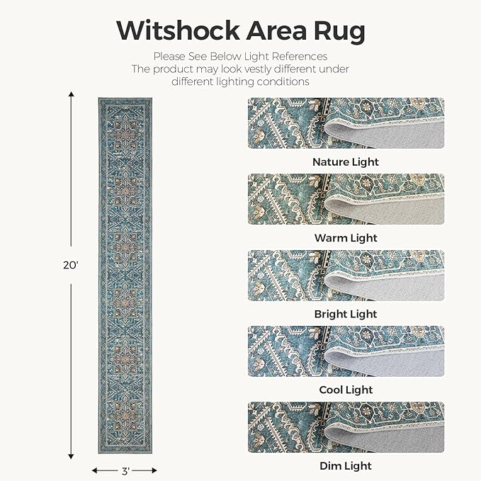 WITSHOCK 3x20 Extra Long Runner Rug for Hallway: Washable Boho Low Pile Stain Resistant Foldable Floor Carpet for Bedroom Entryway Bathroom Kitchen, Neutral Distressed Farmhouse Rug, Grey, 36″x240″