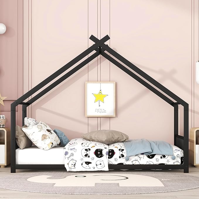 Twin Size House Shaped Montessori Platform Beds, Wood Floor Bed Frame with Roof and Fence Deisgn, Kids Double Toddler Bed for Children Boys Girls, Easy Assemble, No Box Spring Needed, Black