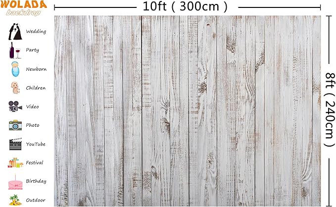 WOLADA 10x8FT Vintage Wood Backdrop Retro Rustic White Gray Wooden Floor Backdrops for Photography Kids Adult Photo Booth Video Shoot Vinyl Studio Prop 11890