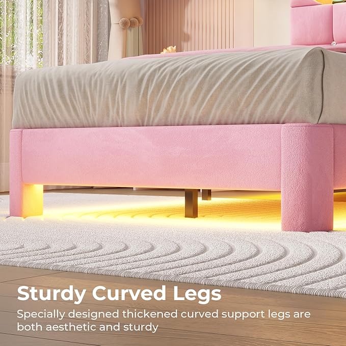 MSmask Twin Upholstered LED Bed Frame with 2-Tier Storage Bookcase Headboard, Velvet Princess Bed with Crystal Button Tufted Headboard & Charging Station, Girls Platform Bed, Curved Legs, Pink