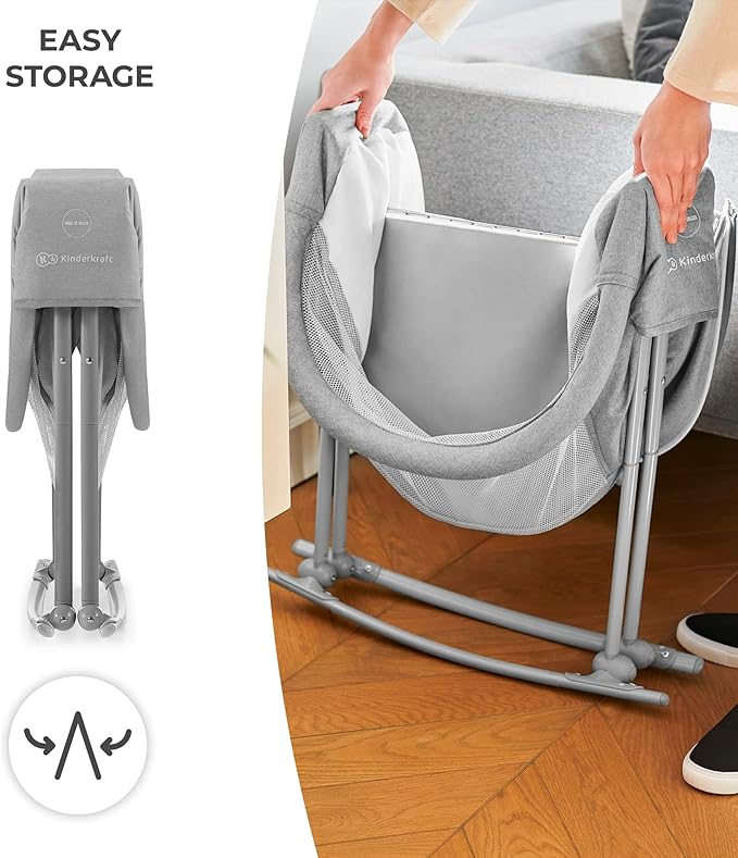 Kinderkraft LOVI Travel Bassinet for Baby, Portable Folding Baby Bed with Built-in Mosquito net, Adjustable Hood and an Additional Cradle Function, Grey