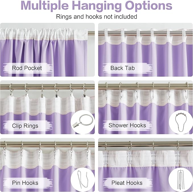 DUALIFE Lavender Curtains Room Darkening，Rod Pocket and Back Tab Thermal Insulated Drapes 52x96 Inch，2 Panels