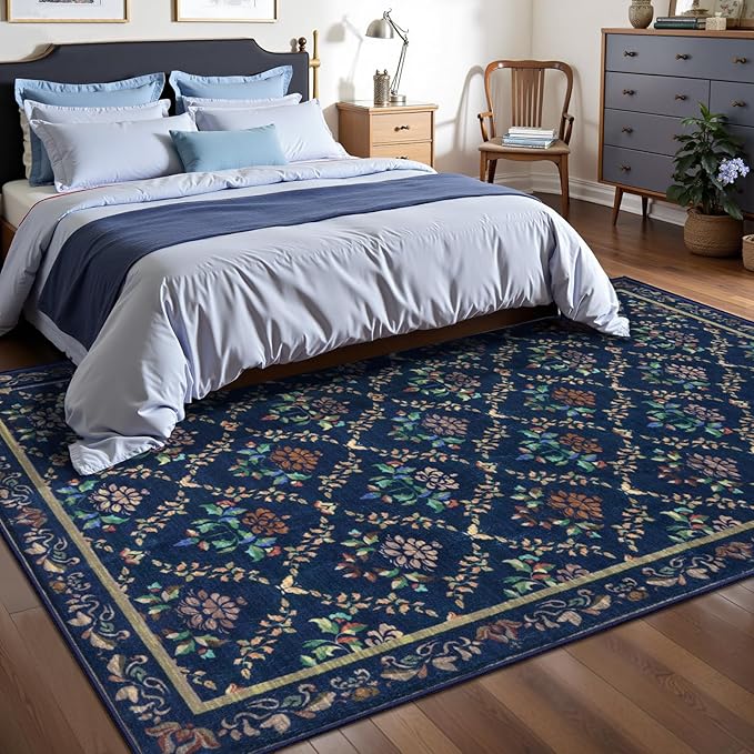 Tangsoo 5x7 Washable Area Rug, Non Slip Moroccan Trellis Blue Floral Indoor Rug, Soft Low Pile Floor Carpet for Living Room, Bedroom, Dining Room, Pet & Child Friendly Room Decor, Easy to Clean