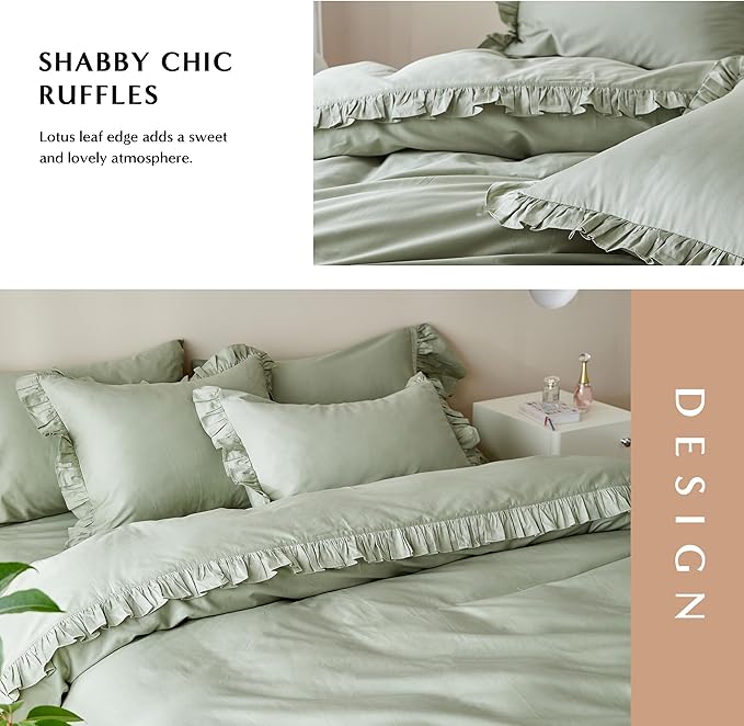 Simple&Opulence Kids 100% Organic Cotton King Duvet Cover Ruffle 3Pcs(1 Comforter Cover 2 Pillowcases) Cute Lace Vintage Boho Shabby Chic Farmhouse Bedding Set Teen Girls(Sage Green, King)