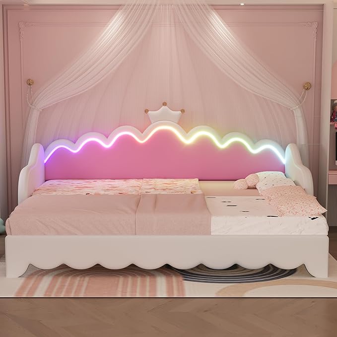 Twin Size Princess Extending Daybed with LED Lights for Kids Girls, Modern Upholstered Princess Daybed Frame with Crown Headboard, Pink Sleeper Sofa Bed for Bedroom, Guest, Study Room (White)