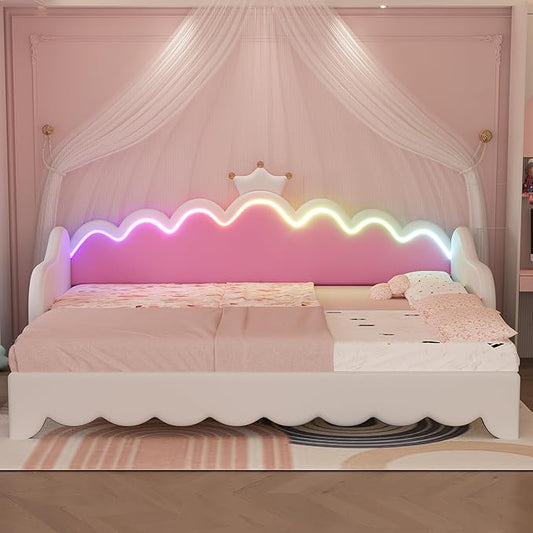 Twin Size Princess Extending Daybed with LED Lights for Kids Girls, Modern Upholstered Princess Daybed Frame with Crown Headboard, Pink Sleeper Sofa Bed for Bedroom, Guest, Study Room (White)