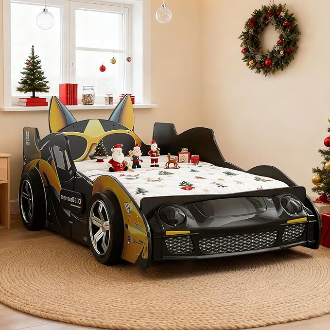 Twin Bed Frames for Kids, Cartoon Dog Race Car Bed Wooden Platform Bed Frame with LED Lights, Twin Size Chidren Bed Frame with Wood Slat Support, Fits Standard Mattres (Black Yellow)