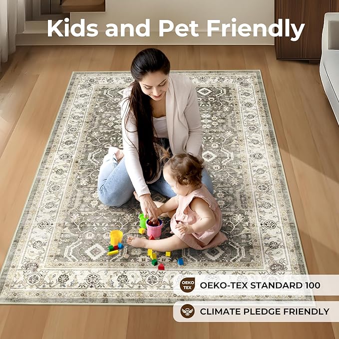 WITSHOCK Living Room Area Rugs 4x6: Washable Rug Boho Soft Non-Slip Low Pile Stain Resistant Foldable Carpet for Bedroom Playroom Dining Room Office Kitchen Farmhouse Home Decor Rug-Brown/Beige