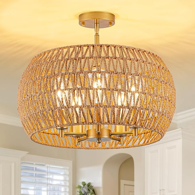 Rattan Ceiling Light Fixture, 5-Light Boho Semi Flush Mount Ceiling Light, 20" Wicker Light Fixture with Handmade Woven Cage Lampshade, Rattan Chandelier for Bedroom Hallway Nursery Kitchen Farmhouse