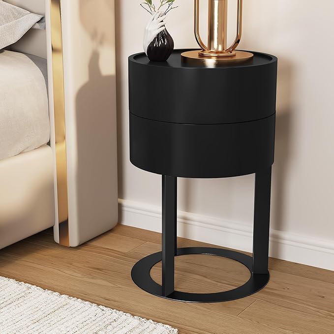 Round Side Table with Hidden Storage Drawers, Modern Nightstand with Swivel Drawer, Minimalist Bedside Table for Bedroom, Living Room, Black