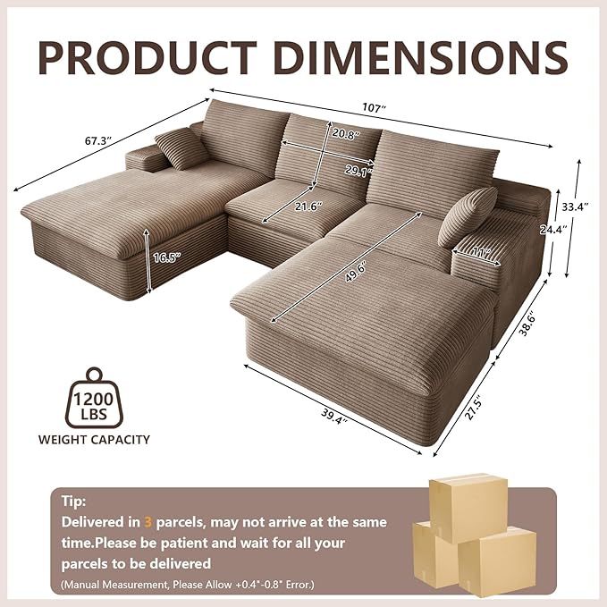 107" Cloud Modular Sectional Sofa with 1 Ottoman, Modern Upholstered Corduroy Couches, Comfort U Shaped Sofa for Living Room, Deep Seat Boneless Couch, No Assembly Required(Camel,Left Facing Chaise)